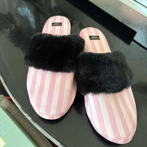 Victoria's Secret Pink and White Striped Slippers with Black Fur